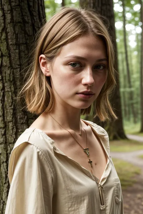 European woman, closeup, (shirt), pants, (koa campground), cross necklace , ZM_sara, wide shoulders, perfect face, (contact iris: 1.1), pale skin, skin pores , depth of field