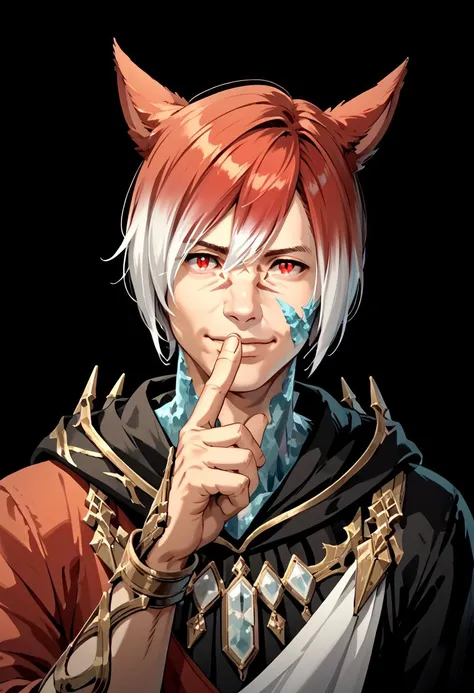 crystalexarchdskffxiv, 1boy, solo, male focus, red eyes, hood, looking at viewer, short hair, bangs, crystal, smile, finger to mouth, miqote, hood up, index finger raised, black background, hair between eyes, facial mark, shushing, upper body,  multicolore...