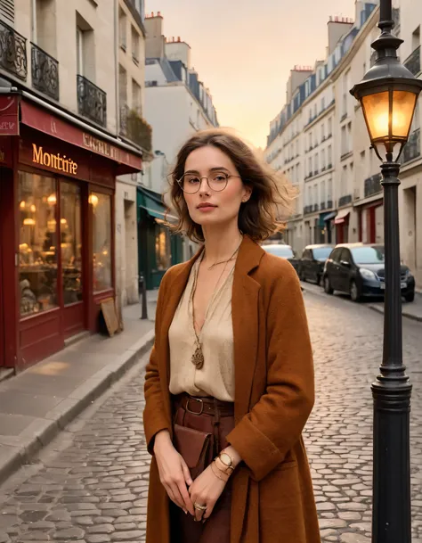 Erika, dressed in an autumnal outfit that blends timeless chic with contemporary edge, stands serenely at a cobblestone square under the amber glow of Pariss Montmartre district, her stack of vintage-inspired glasses reflecting the light, as she effortless...