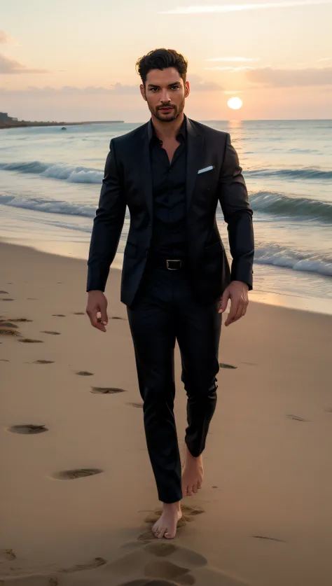 (Tom Ellis+Tom Welling) Lucifer with glowing red eyes, light beard, wearing shiny satin elegant black suit, black silk shirt, intricate ornate. Walking in a beach, sunset. full body, barefoot