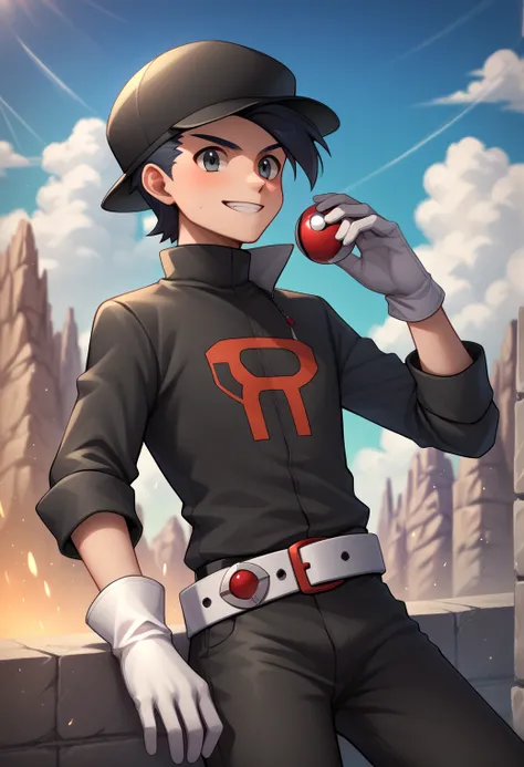 score_9_up, score_8_up, score_7_up, score_6_up, score_9, 1boy, solo, ethan_rt, black hair, grey eyes, black hat, black jacket, black pants, white gloves, white boots, belt, best quality, amazing quality, best aesthetic, absurdres ,source_anime, source_, sc...