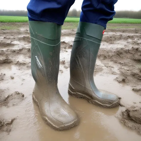 young farmer wearing dirty rubber boots, standing in a muddy field