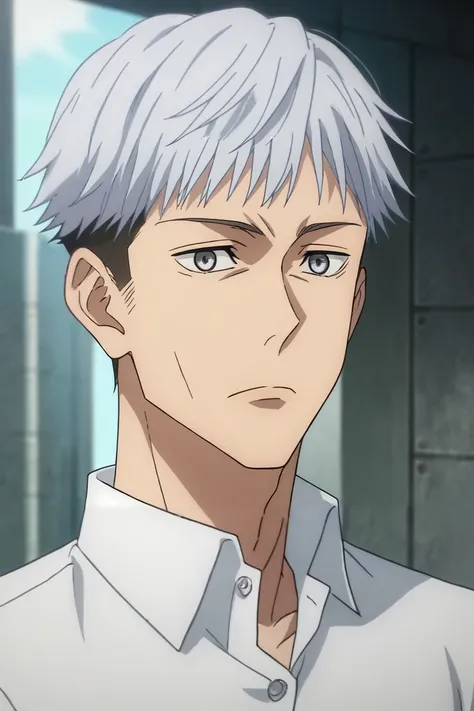 score_9, score_8_up, score_7_up, source_anime, rating_safe, intricate details, anime screencap, , , , upper body, depth of field, 1boy, male focus, silver eyes, white hair, dress shirt,, solo, science fiction social science fiction, <lora:jujutsu_kaisen_st...