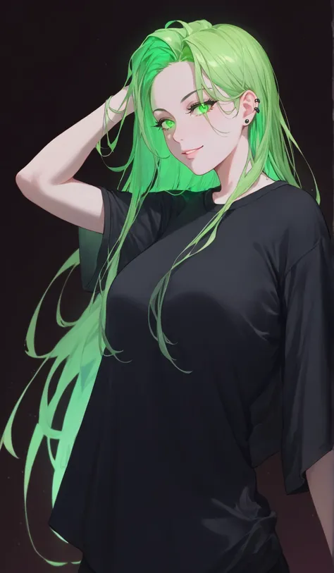 score_9,score_8_up,score_7_up,score_6_up,masterpiece,best quality,ultra-detailed,very aesthetic,absurdres,
1girl,pale skin,green eyes,thick black eyelashes,black eyeliner,dark eyeshadow,neon green hair,long hair,bangs,big breasts,oversized black t-shirt,ea...