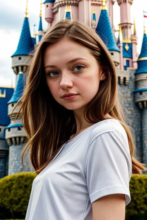 European woman, closeup, (shirt), pants, (disney castle), (), ZM_tina, wide shoulders, perfect face, (contact iris: 1.1), pale skin, skin pores , depth of field