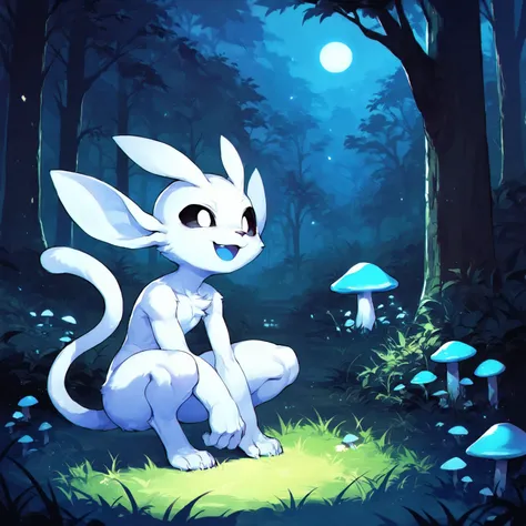 <lora:Ori:0.8> ori, black sclera, white eyes, solo, smile, open mouth, sitting, full body, outdoors, tree, no humans, night, grass, nature, forest, blue theme, mushroom , furry, crouching, spirit, source_anime, source, furry, score_9, score_8_up, score_7_u...