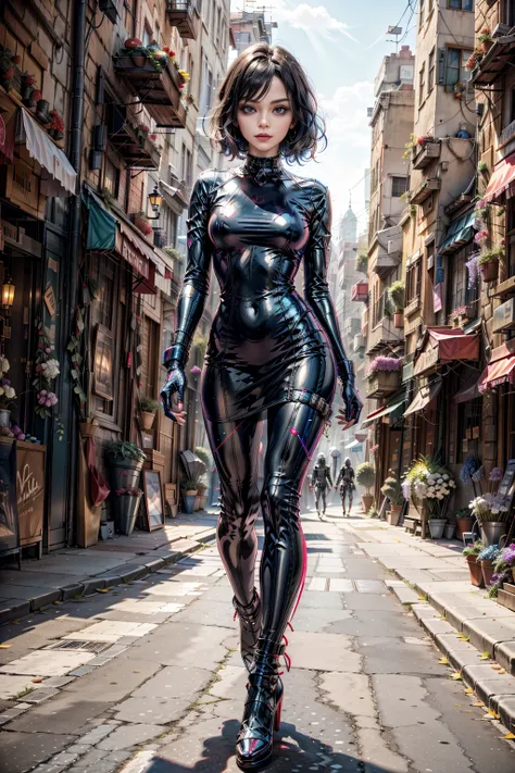 <lora:HematiteWorld:1> (HematiteWorld:0.9), 1woman sexy skinny in latex dress walking in a cyber city with ghosts