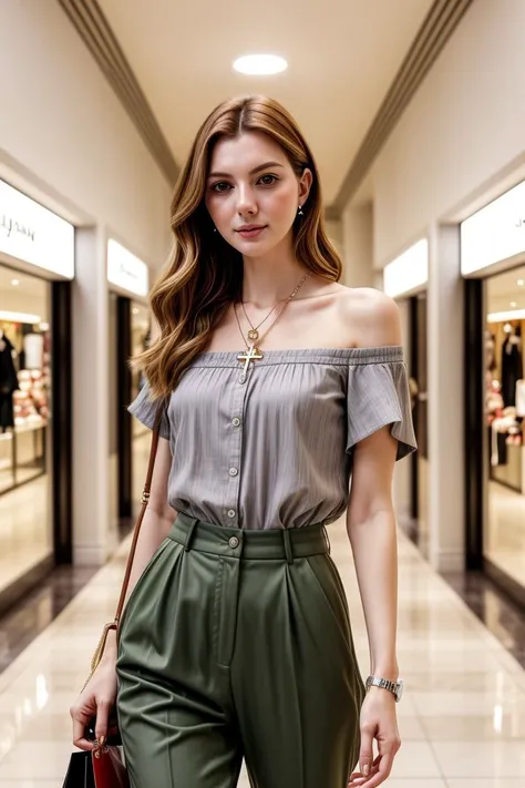 European woman, closeup, (shirt), pants, (shopping mall hallway), cross necklace , ZM_lydia, wide shoulders, perfect face, (contact iris: 1.1), pale skin, skin pores , depth of field