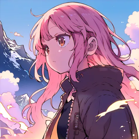 score_9, score_8_up, score_7_up, score_6_up, score_5_up, score_4_up, source_anime, 1girl, pink hair, brown eyes, long hair, jacket, mountains, upper body, cool-kyou shinja <lora:CoolKyouPony:0.85>