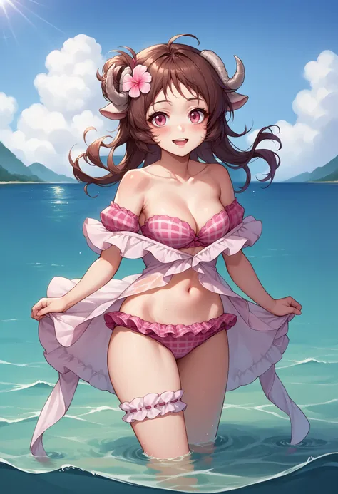 score_9, score_8_up, source_anime, 1girl, solo, EyjafjallaSummer, curled horns, hair flower, pink bikini, off-shoulder bikini, bridal garter, swimsuit cover-up, outdoors, ocean, wading, sunshine, smile, open mouth, blush, <lora:ChamPonyXLEyjafjalla:1>