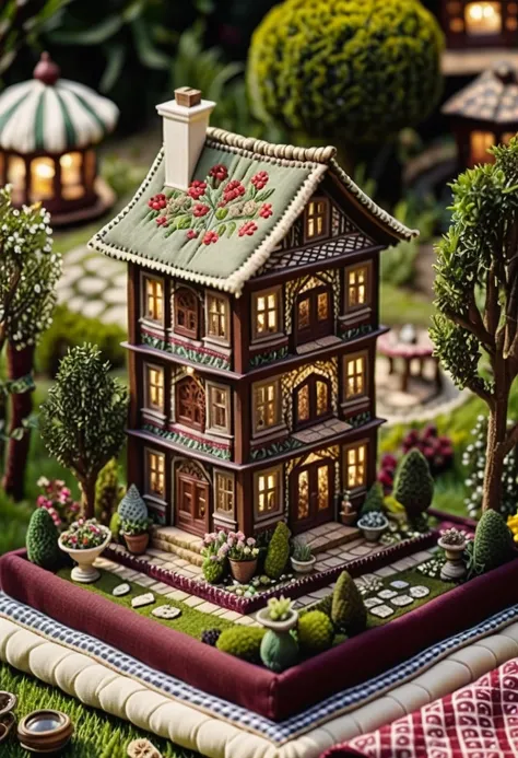 cinematic photo a miniature of a house, made entirely out of fabric and intricately stitched together, sits in the center of a serene garden. A small wooden table is placed on the ground, and a hand-drawn quilt lies on top of it. , 35mm photograph, film, b...