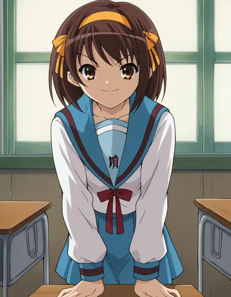 score_9, score_8_up, score_7_up, source_anime,
haruhisuzumiya,  <lora:haruhi-suzumiya-s1-ponyxl-lora-nochekaiser:1>,
haruhi suzumiya, short hair, brown hair, brown eyes, hairband, medium hair, ribbon, hair ribbon,
skirt, long sleeves, school uniform, seraf...