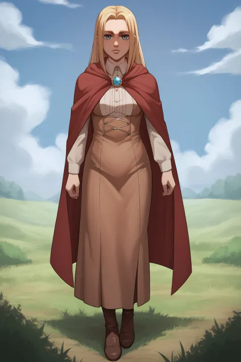 score_9, score_8_up, score_7_up, BREAK source_anime, <lora:historia reiss v2-PonyXL-lora-Faxtron:0.8> historia reiss, medium breasts, long brown dress, red cape, shoes,