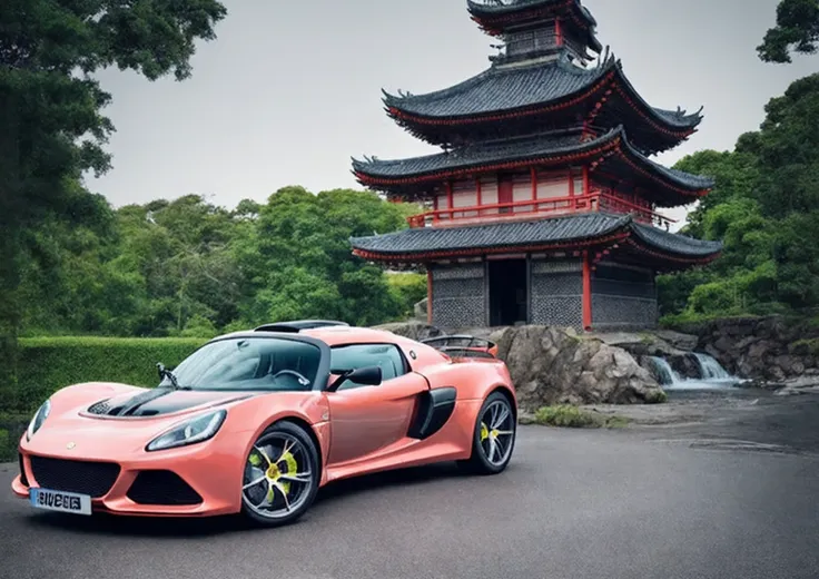 Lotus Exige,photo of blue sports car,drawing attention as a unique and eye-catching vehicle at a,This image features a very tall red building with three stories,standing in a lush green forest. The building appears to be a pagoda,which is a traditional Asi...