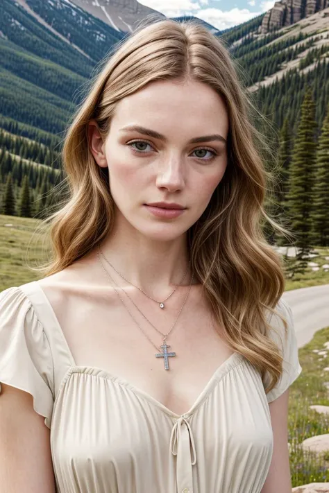 European woman, closeup, (shirt), pants, (rocky mountain national park), cross necklace , ZM_isa, wide shoulders, perfect face, (contact iris: 1.1), pale skin, skin pores , depth of field