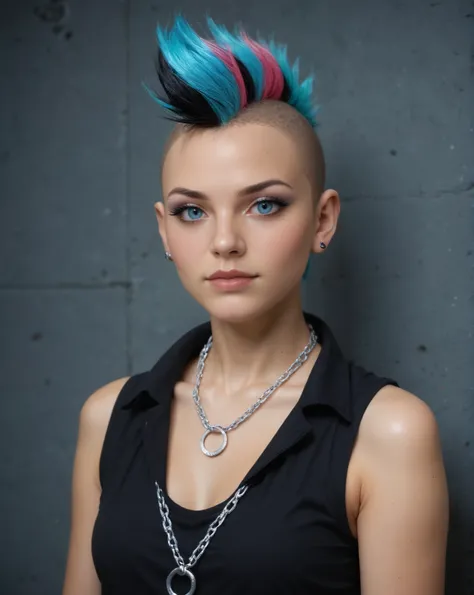 punk outfit, colored Mohawk hair, chain necklace, atmospheric, cinematic, high detail, masterpiece,, (raw,score_8_up),photo, raw,realistic