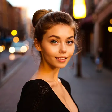 embedding:trained/sdxl/p2/alissa-foxy-000009 posing for a photo in a city, natural, beautiful eyes, perfect teeth, [imperfections], 100mm f/2.8 macro lens, film grain, candid camera, color graded cinematic, 1960s vintage RAW photo, eye catchlights, catchli...