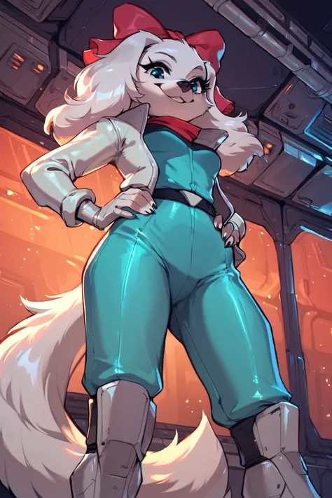 score_9, score_8_up, score_7_up, <lora:Fay_Sinclair_Fay_Spaniel_Star_Fox:1> 1girl, fay, furry, in spaceship, hands on own hip, smile, legs apart, from below