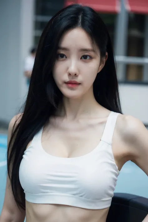 Best quality, masterpiece, ultra high res, (photorealistic:1.4), 1girl, solo, black hair,  realistic, looking at viewer,  sleeveless, medium breasts, gym, black eyes, midriff, dynamic pose, <lora:makina69_hyomin_v1.0:1>