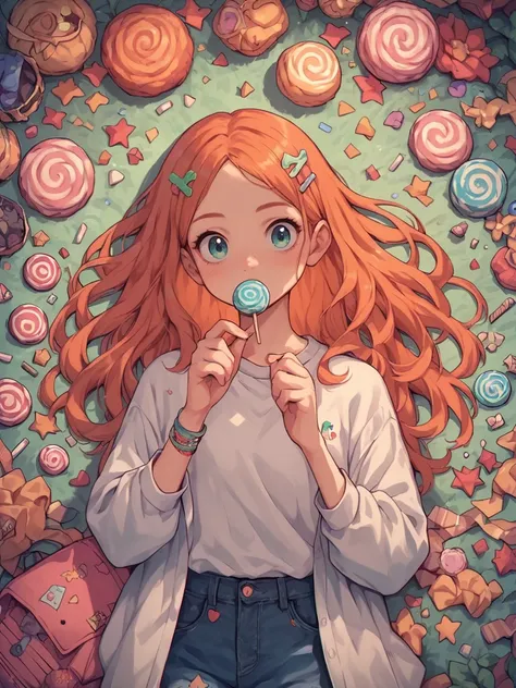 anime girl with lollipop in front of a wall of candy