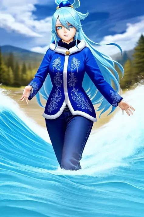 long hair, blue eyes, hair ornament, very long hair, blue hair, hair rings, single hair ring, hair bobbles, fur coat, blue coat, black boots, bear skin pants, snow, water around, controlling the water, smile, near a lake , beautiful water, (art: 0.8), (bea...