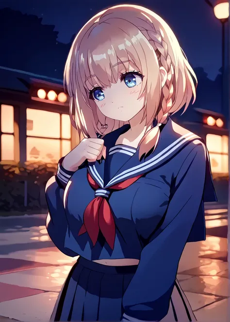 (source_anime, score_9, score_8_up, score_7_up,  break),  <lora:Rinka_(ponyXL):1>, cute, rinka,  1girl, braid,  blue serafuku, sailor collar, school uniform, detailed background, 8k, night, large breast