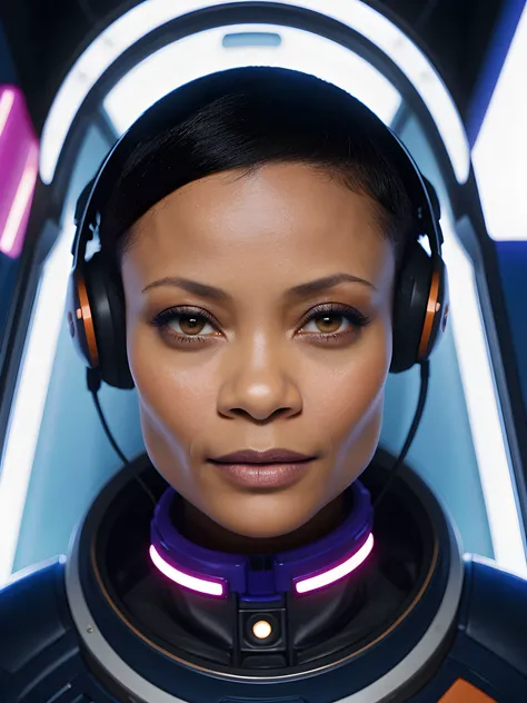 close-up photo of Th4nd13N3wt0n_V1-Emb , dark skin, wearing a space suit, makeup, eyeshadow, in the middle of a futuristic space station, 8k uhd, high quality, dramatic, dramatic lighting