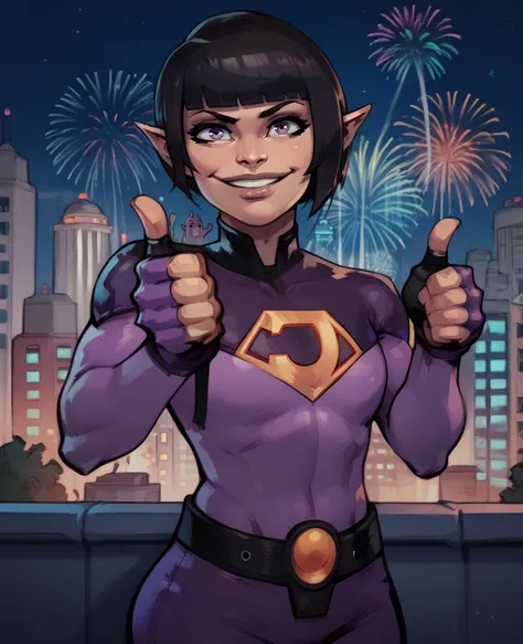 score_9,score_8_up,score_7_up,score_6_up,
jayna,black hair,blunt bangs,lips,purple eyes,pointy ears,bob cut,tomboy,
purple bodysuit,fingerless gloves,belt,smile,thumbs up,looking at viewer,
city,night,fireworks,
<lora:jaynaWT-pXL-11:0.9>,