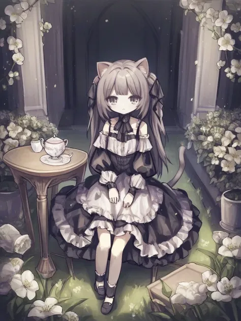 <lora:Neoki_Ohae_Nekos-PonyXL-1024px:0.9>
score_5, score_6,
1girl, solo, sitting on a chair in a garden, wearing (black victorian dress, bare shoulders, detached sleeves, detached cuffs, black mary janes, hair ribbon, frills),animal_ear_fluff,  cat_tail, s...