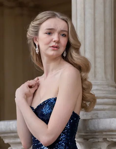 Standing tall upon a marble balcony overlooking the grandeur of Versailles, her captivating presence embodies beauty and elegance; she wears a shimmering midnight blue silk gown with its intricate sequins dancing as she moves gracefully, showcasing her cur...