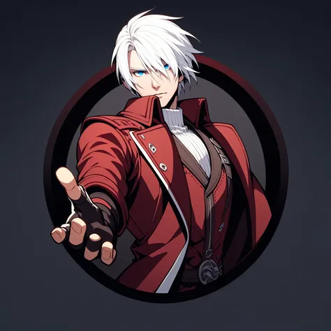 round logo, male focus, (dante:1.05), from devil may cry, red and white, white hair, short hair, blue eyes, red jacket, boots, fingerless gloves, black border with dark background, masterpiece, best quality, very aesthetic, absurdres <lora:RoundLogo_XL_E10...