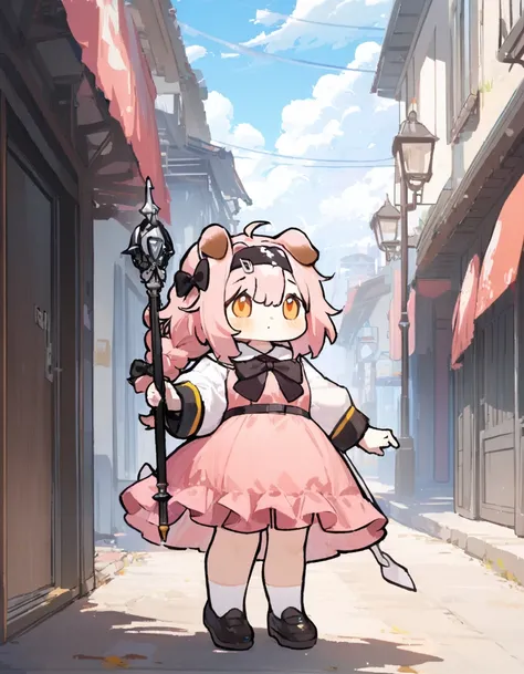 1girl, 
goldenglow (arknights),  
cat ears, outdoors, street, cloudy sky, full body, pink hair, alternate costume, long sleeves, pink dress, socks, sunlight, white shirt, braid, dress, holding staff, staff, standing, bow, holding, shoes, black bow, hair bo...