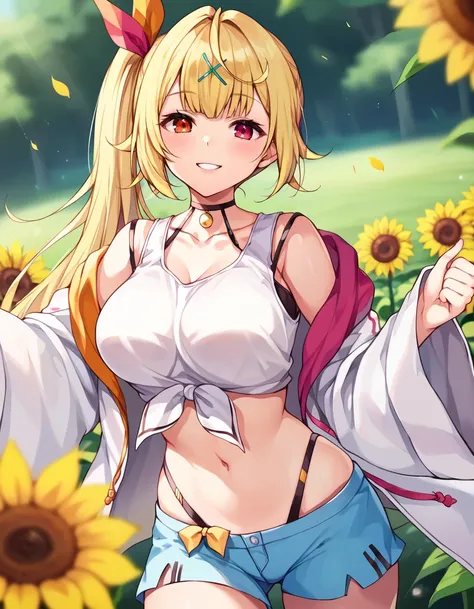 score_9, score_8_up, score_7_up, source_anime,
cinematic, dramatic, blurry background, depth of field, 
1girl, solo,  talking to vewer, cheerful, smile, parted lips,  looking at viewer, dynamic pose, 
outdoors, in flower field, sunflower,  petals,
 <lora:H...