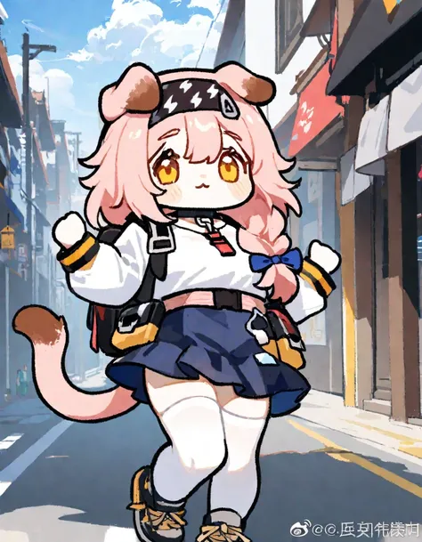 1girl, 
goldenglow (arknights),  
cat ears, outdoors, street, cloudy sky, watermark, day, weibo logo, weibo username, skirt, tail, shirt, blue sky, blue skirt, thighhighs, bag, hairband, lightning bolt print, cat girl, cloud, cat tail, hair between eyes, b...