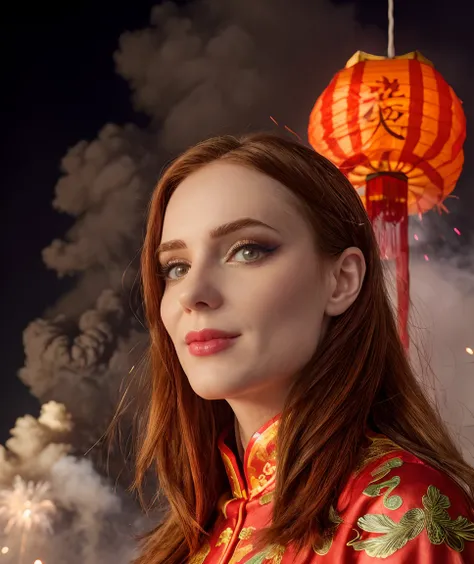 portrait shot of , realistic, ,  <lora:quiron_simoneSimons_v5_Lycoris:1> SimoneSimonsQuiron woman, simone, simons, makeup,  Sitting, lying, on back,   ,
,, festival party, lights, fireworks,  chinese festival, crowded, new year celebration ,  
east asian a...