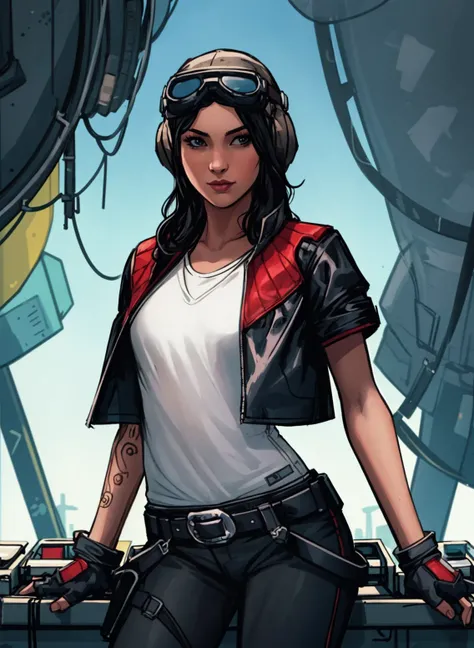 best quality, <lora:Aphra_Merged:0.85:lbw=ALL>, sci-fi, 1girl, solo, young aphra, slim, jacket, goggles, (electro tattoo:1.10) on arm, looking at viewer, short sleeves, (cowboy shot:1.10)