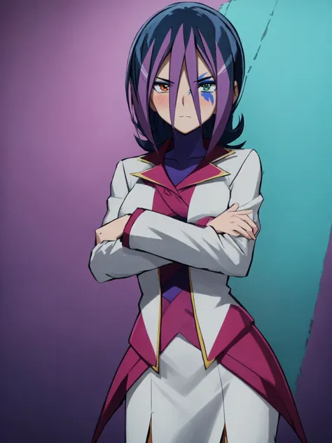 SLE, mksks style, detailed background absurdres, highres, simple background, purple background, cowboy shot, solo, 1girl, <lora:Droite (Yu-Gi-Oh ZEXAL):1>, droite, costume_1, standing, expressionless, blush, looking at another, facing viewer, crossed arms