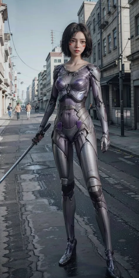 katana, holding katana, cyborg, 1girl, solo, high-heels, full body, stand,  Bob Cut, purple skin,  masterpiece, best quality,8k,  ((((On a busy city street))))