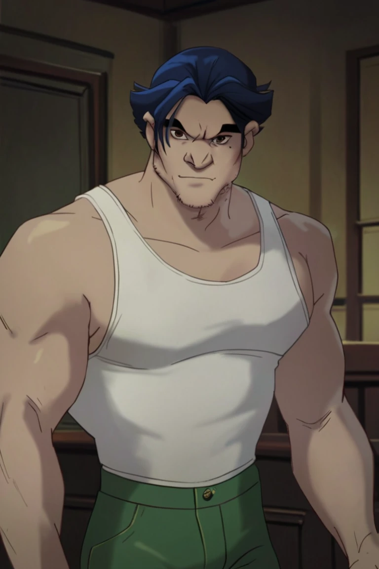 score_9, score_8_up, score_7_up, logan, 1boy, solo, male focus, mature male, short hair, dark blue hair, brown eyes, thick eyebrows, facial hair, stubble, sideburns, muscular, white tank top, green pants, looking at viewer, standing, cowboy shot, indoors, ...