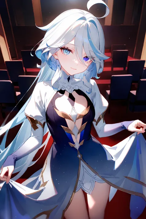 masterpiece, best quality, very aesthetic, ray tracing, newest, (hitenkei, askzy:0.4), 1girl, focalors (genshin impact), heterochromia, evening gown, long dress, juliet sleeves, bridal gauntlets, skirt hold, curtsey, looking at viewer, light smile, cowboy ...