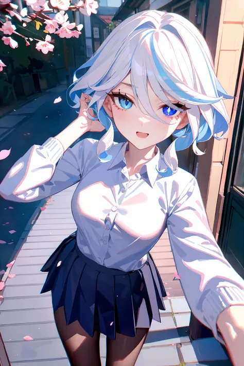 masterpiece, best quality, perfect features, intricate details, ray tracing, newest,(hitenkei, askzy:0.4), 1girl,  furina (genshin impact), heterochromia, solo, school uniform, white shirt, sweater, pleated skirt, pantyhose, evil smile, hand in own hair, l...