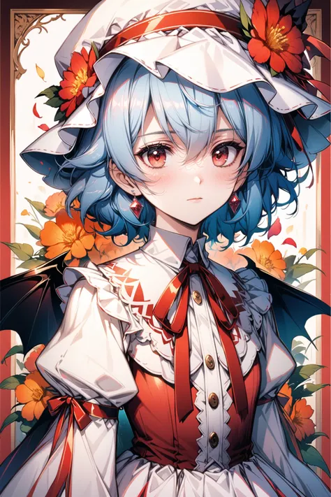 1girl,solo,wings,remilia scarlet,hat,flower,red eyes,long sleeves,looking at viewer,ribbon,blue hair,bat wings,puffy sleeves,short hair,juliet sleeves,red flower,mob cap,red ribbon,dress,upper body,bangs,hair between eyes,earrings,frills,jewelry,closed mou...