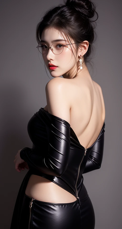 1girl,solo,black hair,buns,lips,glowing skin,realism,portraits,jewelry,looking back,(Gently hold your glasses:1.1),Black off-the-shoulder dress,Back Angle,(chest and hips:1.1),<lora:è¸æ±½_æè¥äººç:0.8>,