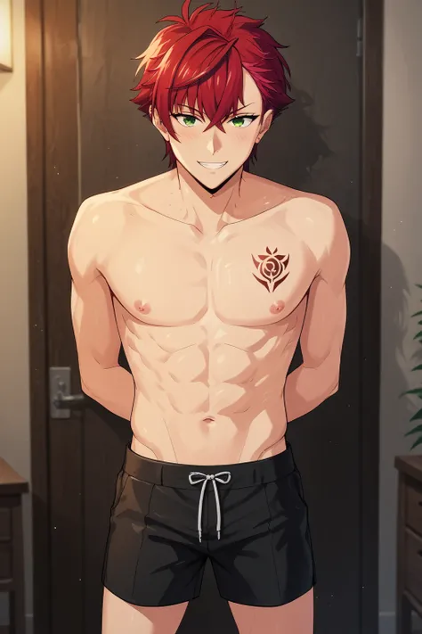 score_9, score_8_up, score_7_up, source_anime, 1boy, bishounen, pale skin,
BREAK, red hair, bangs, green eyes, (perfect eyes:1.2), body tattoo, (skinny:1.2), topless, toned, pectorals, abs, shorts, detailed eyelashes, broad shouldered, blush, seductive smi...