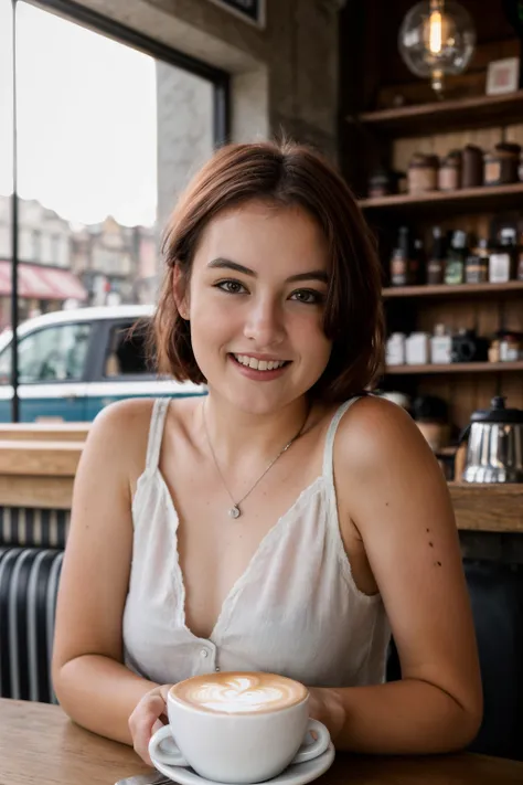 <lora:ATKErin:0.8>, full color portrait of a young woman, having a coffee in a vintage cafe, smile,  natural light, RAW photo, subject, 8k uhd, dslr, soft lighting, high quality, film grain, Fujifilm XT3