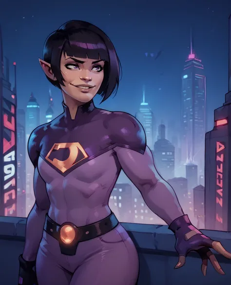 score_9,score_8_up,score_7_up,score_6_up,
jayna,black hair,blunt bangs,lips,purple eyes,pointy ears,bob cut,tomboy,
purple bodysuit,fingerless gloves,belt,smile,
cityscape,night,<lora:jaynaWT-pXL-11:0.9>,