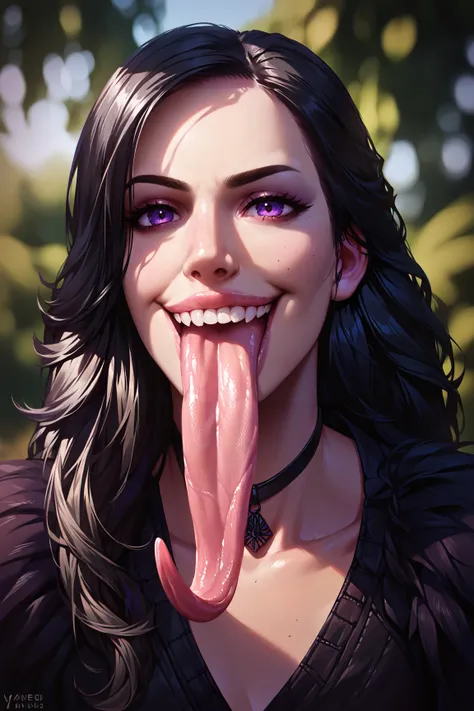 score_9,score_8_up,score_7_up,score_6_up,large tongue, 1girl, solo, long tongue,looking at viewer, yennefer of vengerberg, black hair, purple eyes,long hair,realistic, happy, smile<lora:large_tongue_xl_goofy:1>  <lora:yannefer_xl_v1:1>