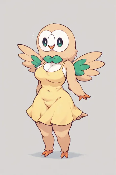 score_9, score_8_up, score_7_up, score_6_up, score_5_up, ((feminine)), anthro, big breasts <lora:Rowlet_2_r1:1> pokemon (creature), bird, owl, rowlet, solo, yellow dress