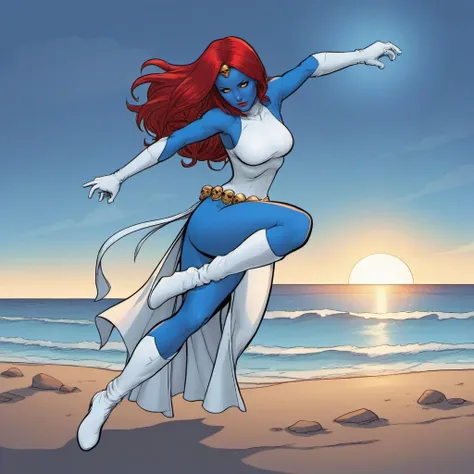 comic  a woman with blue body paint and red hair, ((white dress with belt, white gloves, whith boots)), hourglass figures, beach, sunset <lora:Mystique1024:0.8> . graphic illustration, comic art, graphic novel art, vibrant, highly detailed