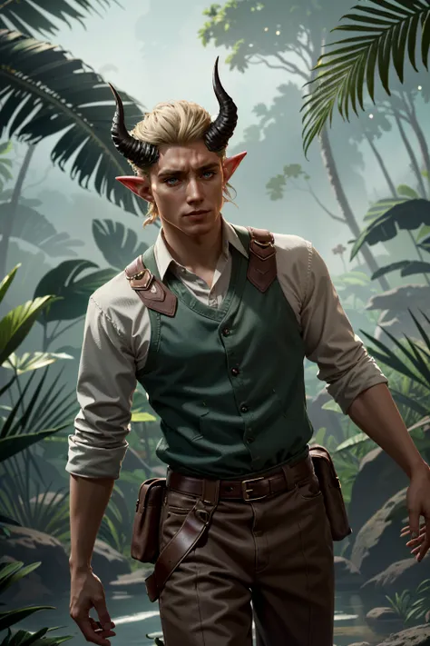 ((ultra detailed, masterpiece, absurdres))
 <lora:BGDammon:0.8>
BGDammon, 1boy, short hair, blonde hair, blue eyes, horns, Tropical rainforest mist, detailed foliage, dynamic ambient light